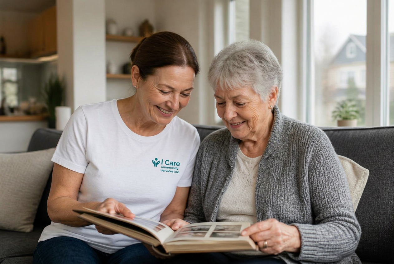 A compassionate caregiver holding hands with a senior client in a bright living room