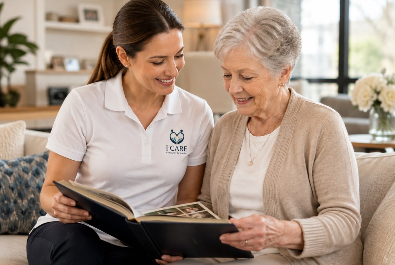 A compassionate caregiver holding hands with a senior client in a bright living room