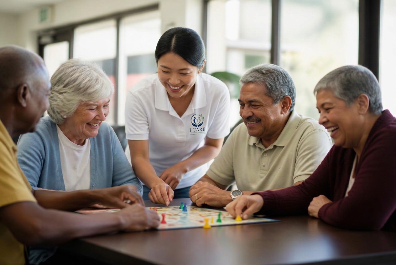 Seniors enjoying conversation and activities together in a welcoming community space