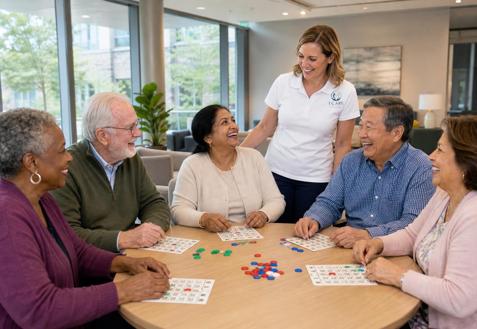 Smiling seniors playing bingo with an ICCS staff member in a branded t-shirt