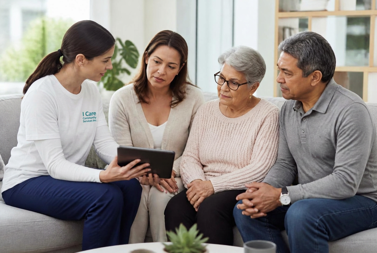 An ICCS nurse care manager reviewing a personalized care plan on a tablet with a family and their elderly mother