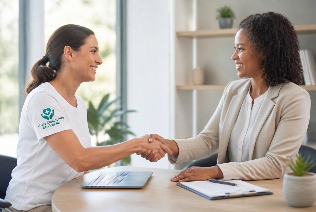 Care coordinator meeting with a hospital social worker