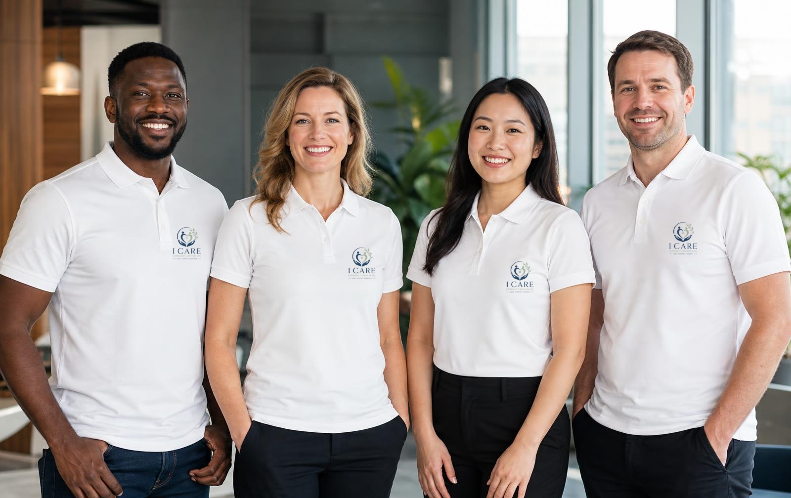Four diverse ICCS support team members in branded white ICCS polo shirts